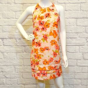Loft 0 Spring Summer Floral Bright Pink Orange Watercolor Halter Dress